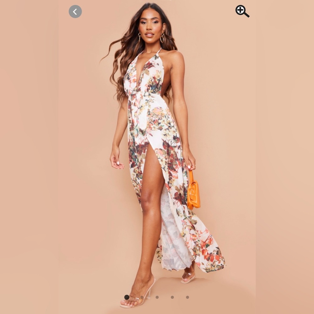 PrettyLittleThing White Floral Chiffon Halterneck Maxi Dress